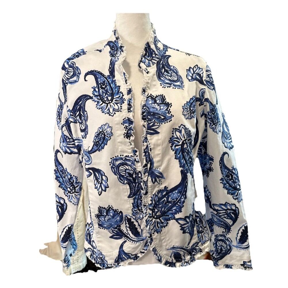 Appleseed's Petites White Blue Paisley Lightweight Jacket PM Ruffle Trim Coastal